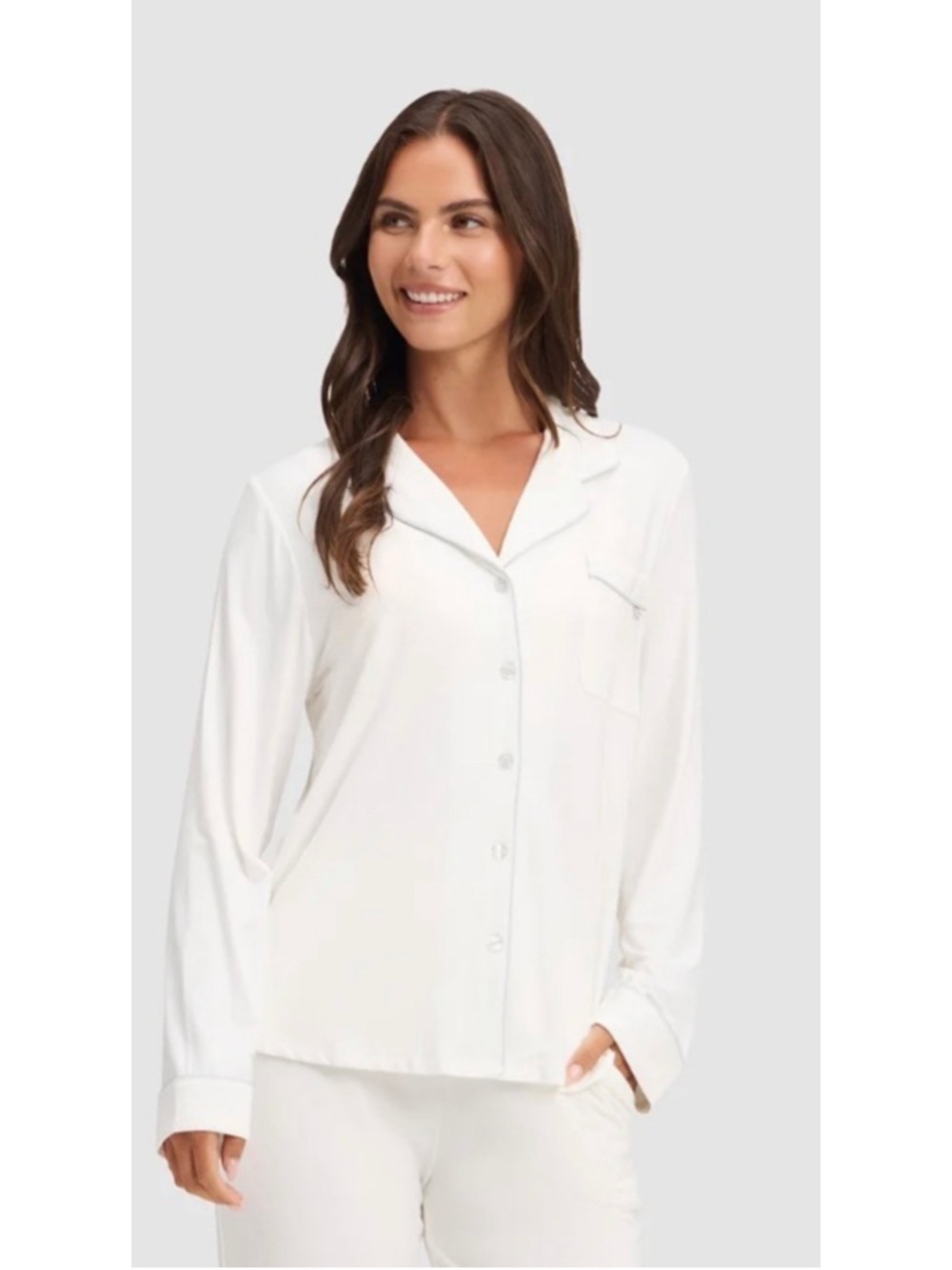 Cozy Earth Bamboo Stretch-Knit Long Sleeve Pajama Top, White/Light Blue XXL